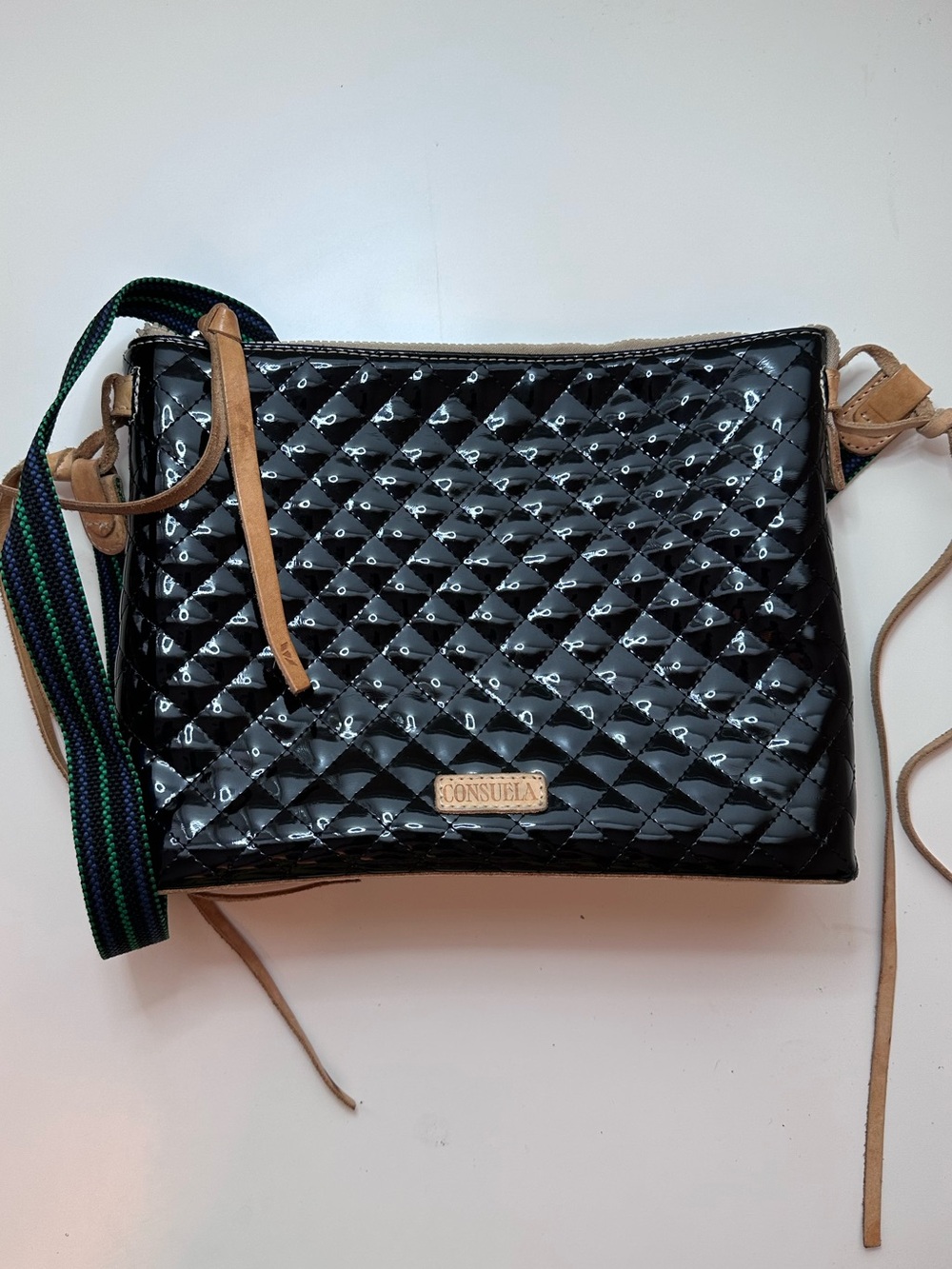 Consuela Black Quilted Patent Crossbody with Tan Trim